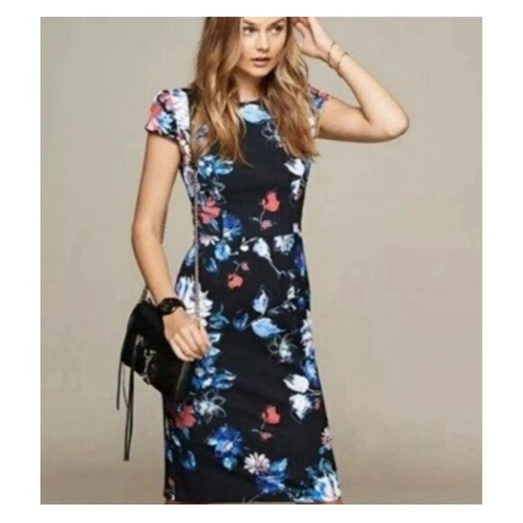 Betsey Johnson Sheath Sz 8 Black Floral Cap Sleeve Fitted Knee Pencil Dress - Picture 4 of 11